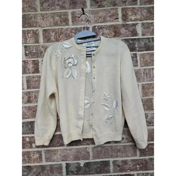 Vintage Dalton 100% Virgin Cashmere Embellished Ivory Cardigan - Picture 1 of 6